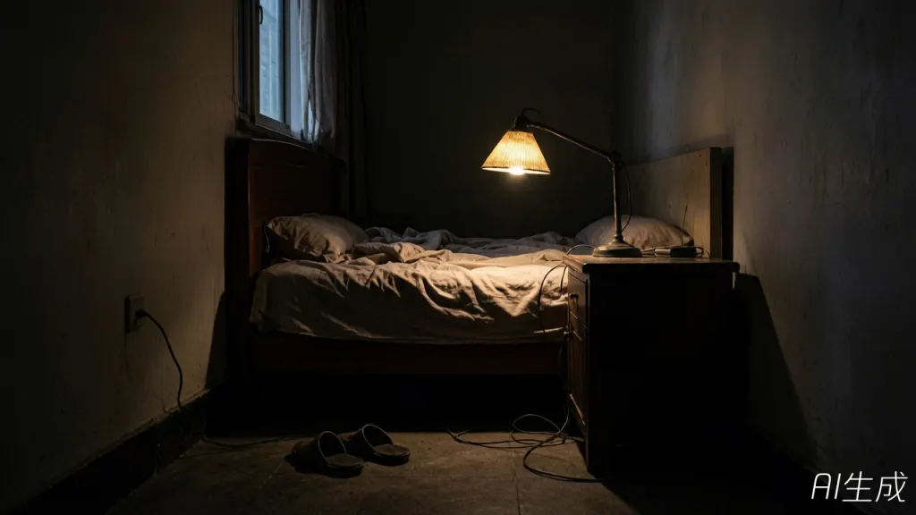 改造前的卧室：夜里屋子里很黑，床边只有一盏要伸手够到的老式台灯，床很矮，床边没有可以扶的地方，地上散着拖鞋和电线。